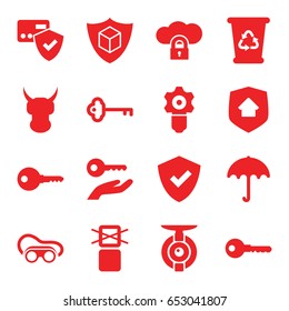 Protect icons set. set of 16 protect filled icons such as umbrella, recycle bin, key, welding glasses, cargo only in box allowed, cargo insurance, home security, spy camera