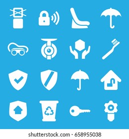 Protect icons set. set of 16 protect filled icons such as baby seat in car, toothbrush, recycle bin, welding glasses, handle with care, cargo only in box allowed, home lock