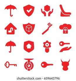 Protect icons set. set of 16 protect filled icons such as baby seat in car, toothbrush, handle with care, cargo insurance, home lock, home security, key, spy camera