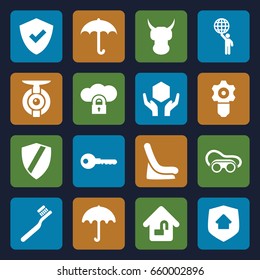 Protect icons set. set of 16 protect filled icons such as umbrella, baby seat in car, toothbrush, key, welding glasses, handle with care, home lock, home security, spy camera