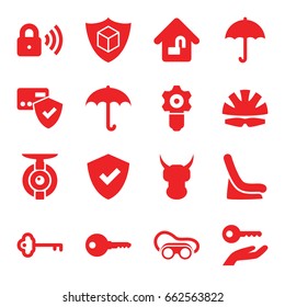 Protect icons set. set of 16 protect filled icons such as baby seat in car, welding glasses, cargo insurance, home lock, security lock, helmet, key, spy camera, key on hand