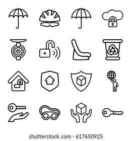 Protect icons set. set of 16 protect outline icons such as umbrella, baby seat in car, recycle bin, key, welding glasses, handle with care, cargo insurance, home lock