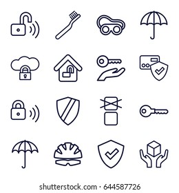 Protect icons set. set of 16 protect outline icons such as umbrella, toothbrush, key, welding glasses, handle with care, cargo only in box allowed, home lock, security lock