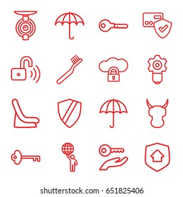 Protect icons set. set of 16 protect outline icons such as baby seat in car, toothbrush, key, opened security lock, home security, spy camera, card protection, umbrella