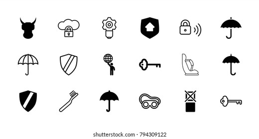 Protect icons. set of 18 editable filled and outline protect icons: umbrella, shield, helmet, home security, key, man holding globe, toothbrush, welding glasses, gear keyhole