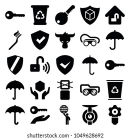 Protect icons. set of 25 editable filled protect icons such as umbrella, recycle bin, key, welding glasses, shield, gear keyhole, handle with care, cargo only in box allowed