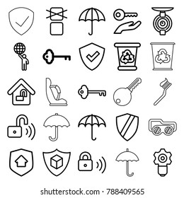 Protect icons. set of 25 editable outline protect icons such as key, recycle bin, shield, umbrella, gear keyhole, cargo only in box allowed, cargo insurance, home lock