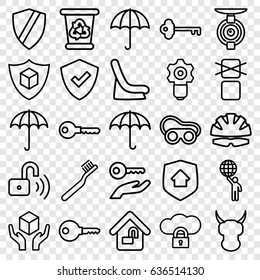 Protect icons set. set of 25 protect outline icons such as umbrella, baby seat in car, toothbrush, recycle bin, key, welding glasses, handle with care