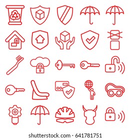Protect icons set. set of 25 protect outline icons such as umbrella, baby seat in car, toothbrush, recycle bin, key, welding glasses, handle with care