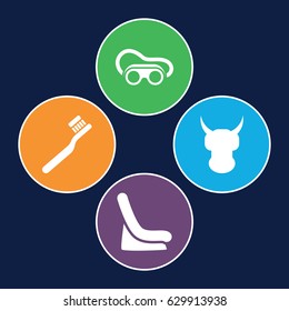 Protect icons set. set of 4 protect filled icons such as baby seat in car, toothbrush, welding glasses
