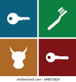 Protect icons set. set of 4 protect filled icons such as toothbrush, key