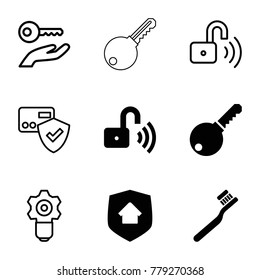 Protect icons. set of 9 editable filled and outline protect icons such as toothbrush, opened security lock, home security, card protection, gear keyhole, key on hand