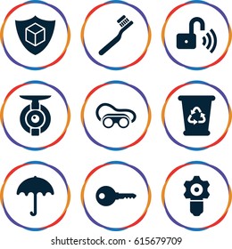 Protect icons set. set of 9 protect filled icons such as umbrella, toothbrush, recycle bin, welding glasses, cargo insurance, opened security lock, spy camera, gear keyhole