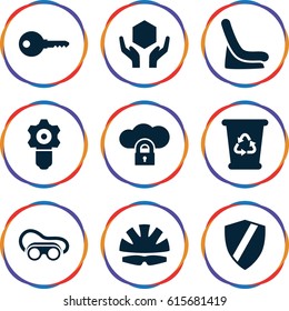 Protect icons set. set of 9 protect filled icons such as baby seat in car, recycle bin, welding glasses, handle with care, helmet, gear keyhole, key, shield