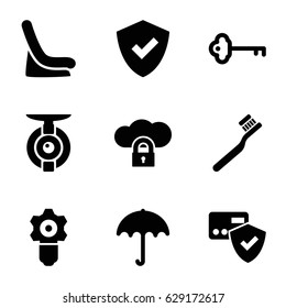 Protect icons set. set of 9 protect filled icons such as umbrella, baby seat in car, toothbrush, key, spy camera, gear keyhole, shield, card protection