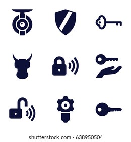 Protect icons set. set of 9 protect filled icons such as security lock, opened security lock, key, spy camera, key on hand, gear keyhole, shield