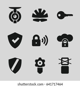 Protect icons set. set of 9 protect filled icons such as cargo only in box allowed, security lock, helmet, spy camera, gear keyhole, shield, key