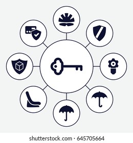 Protect icons set. set of 9 protect filled icons such as umbrella, baby seat in car, cargo insurance, helmet, key, gear keyhole, card protection