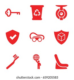 Protect icons set. set of 9 protect filled icons such as baby seat in car, toothbrush, recycle bin, welding glasses, cargo insurance, key, spy camera, man holding globe