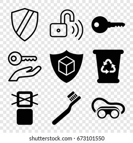 Protect icons set. set of 9 protect filled and outline icons such as toothbrush, recycle bin, welding glasses, cargo only in box allowed, cargo insurance, opened security lock