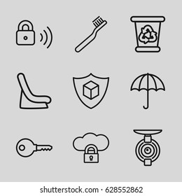 Protect icons set. set of 9 protect outline icons such as baby seat in car, toothbrush, recycle bin, cargo insurance, security lock, spy camera, key, umbrella
