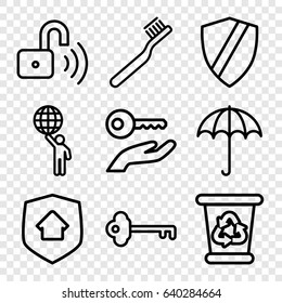 Protect icons set. set of 9 protect outline icons such as umbrella, toothbrush, recycle bin, opened security lock, home security, key, man holding globe, key on hand
