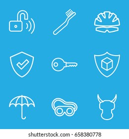 Protect icons set. set of 9 protect outline icons such as toothbrush, welding glasses, cargo insurance, opened security lock, helmet, shield, umbrella