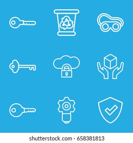 Protect icons set. set of 9 protect outline icons such as recycle bin, key, welding glasses, handle with care, shield, gear keyhole