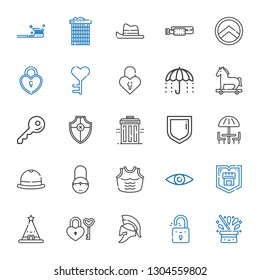 protect icons set. Collection of protect with hat, padlock, helmet, shield, security, armor, umbrella, recycle bin, key, trojan horse, belt. Editable and scalable protect icons.