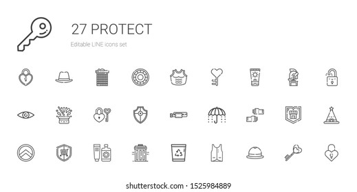 protect icons set. Collection of protect with hat, vest, recycle bin, sun cream, security, shield, glove, umbrella, belt, padlock, key, armor. Editable and scalable protect icons.