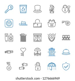 protect icons set. Collection of protect with security, umbrella, padlock, glove, key, hat, recycle bin, belt, seats, shield, fragile, sun cream. Editable and scalable protect icons.