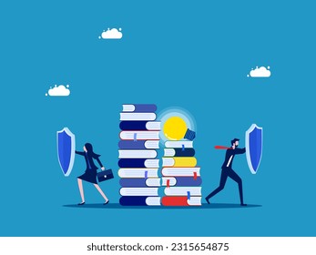 Protect information or business knowledge. Business team holding shields to protect stacks of books vector