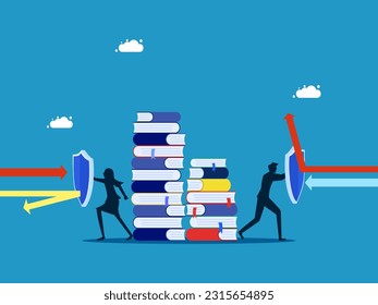 Protect information or business knowledge. Business team holding shields to protect stacks of books vector