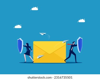 Protect information or business secrets. business team holding shield to protect letter vector