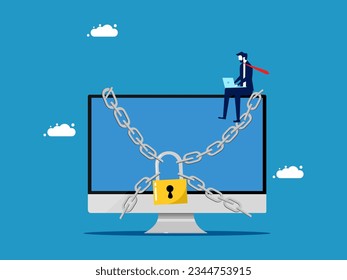Protect information. Businessman and computer locked with padlock. vector 