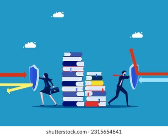 Protect information or knowledge. Business men and women holding shields to protect stacks of books vector