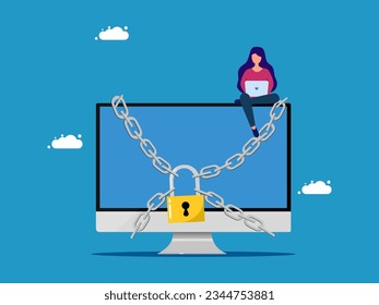Protect information. woman and computer locked with padlock. vector 