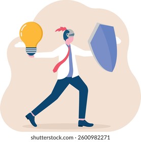 Protect innovation or knowledge. businessman holding a shield protecting a light bulb.
