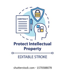 Protect Intellectual Property Concept Icon. Copyright Legislation. Trade Secret Safety. Intellectual Cooperation Agreement Idea Thin Line Illustration. Vector Isolated Outline Drawing. Editable Stroke