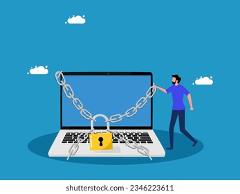 Protect laptop data. man and laptop locked with a padlock