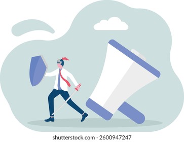 Protect marketing information or business secrets. Businessman team holding shield to protect megaphone from arrow attack. vector

