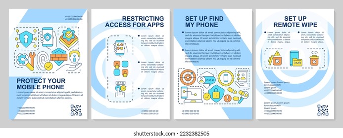 Protect mobile phone blue brochure template. Cybersecurity. Leaflet design with linear icons. Editable 4 vector layouts for presentation, annual reports. Arial-Black, Myriad Pro-Regular fonts used