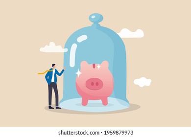 Protect Money From Inflation, Insurance And Financial Security Concept, Businessman Investor Stand With Wealthy Piggy Bank Under Glass Dome Strong Protection.