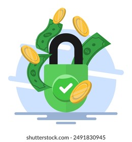 protect money safely concept, money account locked or blocked via padlock key access icon vector flat illustration, financial symbol closed or withheld, safe cash protection idea. vector illustration.