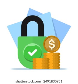 protect money safely concept, money account locked or blocked via padlock key access icon vector flat illustration, financial symbol closed or withheld, safe cash protection idea. vector illustration.