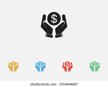 Icono de vector de protección de dinero. Dólar en las manos. Icono de vector relleno. Icono de dinero de protección. Manos protegiendo el dinero. Conjunto de coloridos iconos de diseño plano
