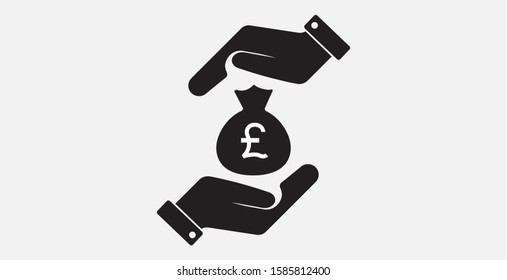 Protect money vector icon. Pound sterling, money bag icon in a hands. Filled vector icon. Protection money bag sign icon. Hands protecting money