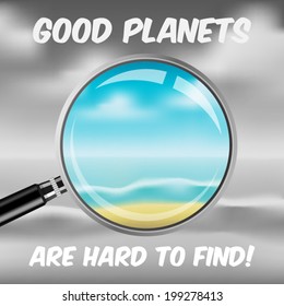 Protect Nature quote with a tropical beach through magnifying glass background vector illustration