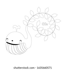Protect ocean concept. During its lifetime, one whale consumes an average of 33 tonnes of CO2.Whale and plants. Vector. Word Whale Day, World Ocean Day, Earth Day.