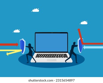 Protect online information or media. Businessman team holding shield to protect laptop vector